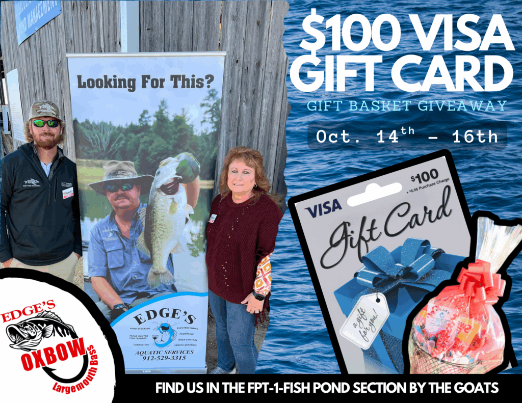 Kim Edge and Ethan Edge stand with a poster of Keith Edge holding a large bass at the 2024 Georgia Ag Expo in Moultrie, GA