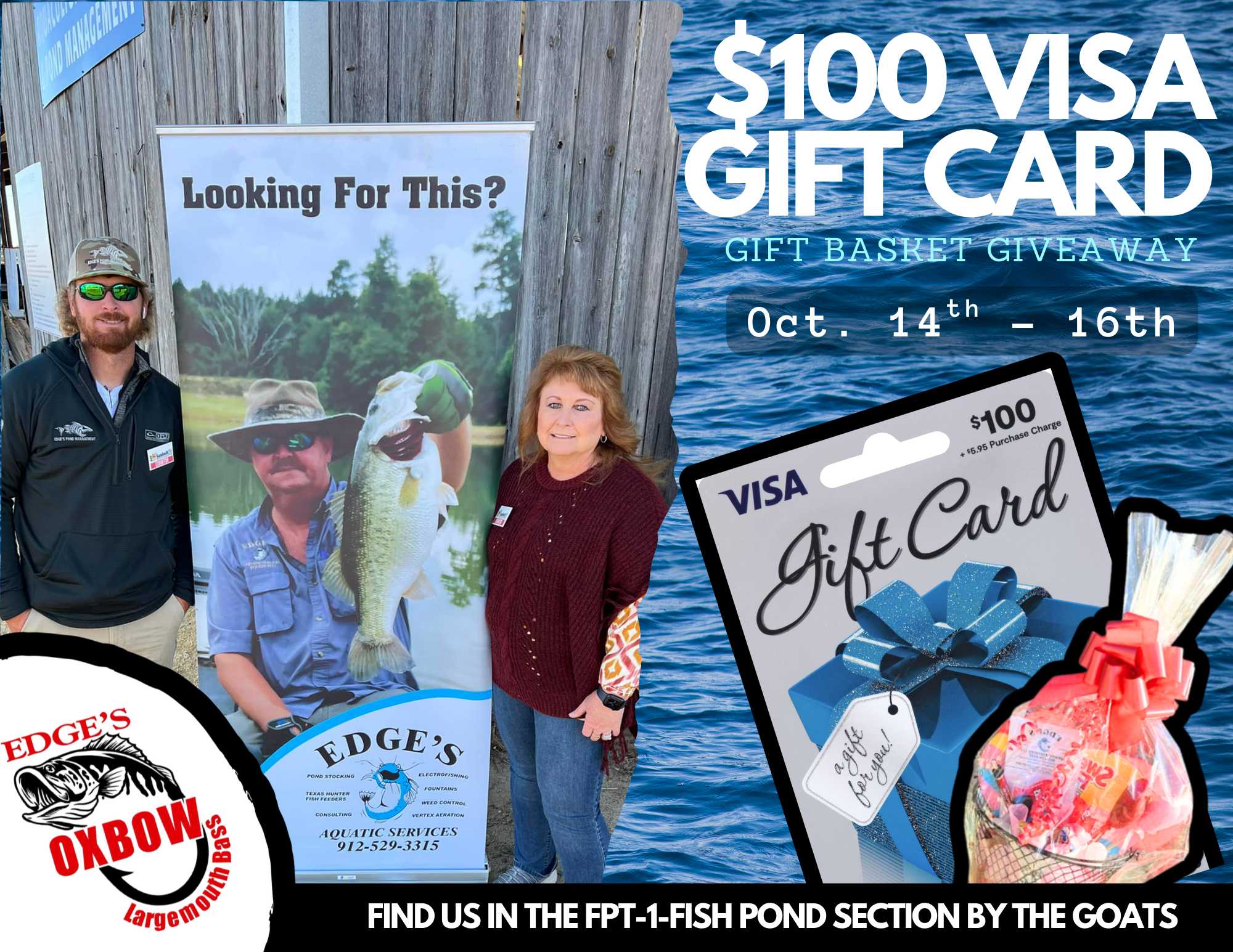 Kim Edge and Ethan Edge stand beside a poster of Keith Edge holding a large bass at the 2024 Georgia Sunbelt Ag Expo in. Moultrie