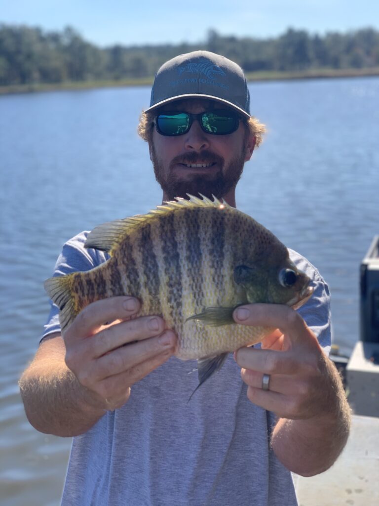 Ethan Edge holding a large bluegill fish while electrofishing a pond for study