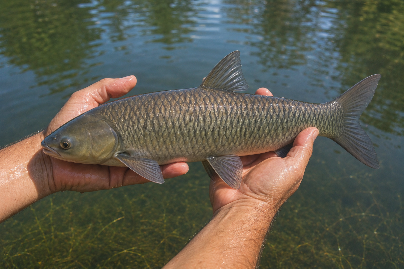 Holding a sterile triploid grass carp above water with 2 hands